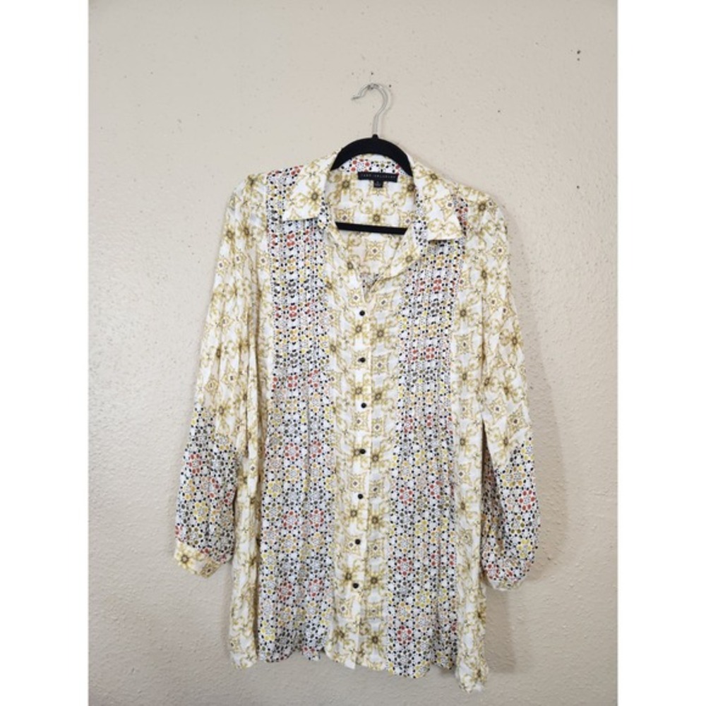 Jane + Delancey Yellow White Tunic Blouse Button Down Long Sleeve Patterned S